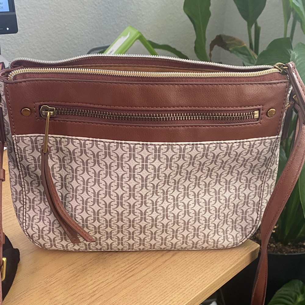 Fossil Brown and Cream Monogram Crossbody Bag